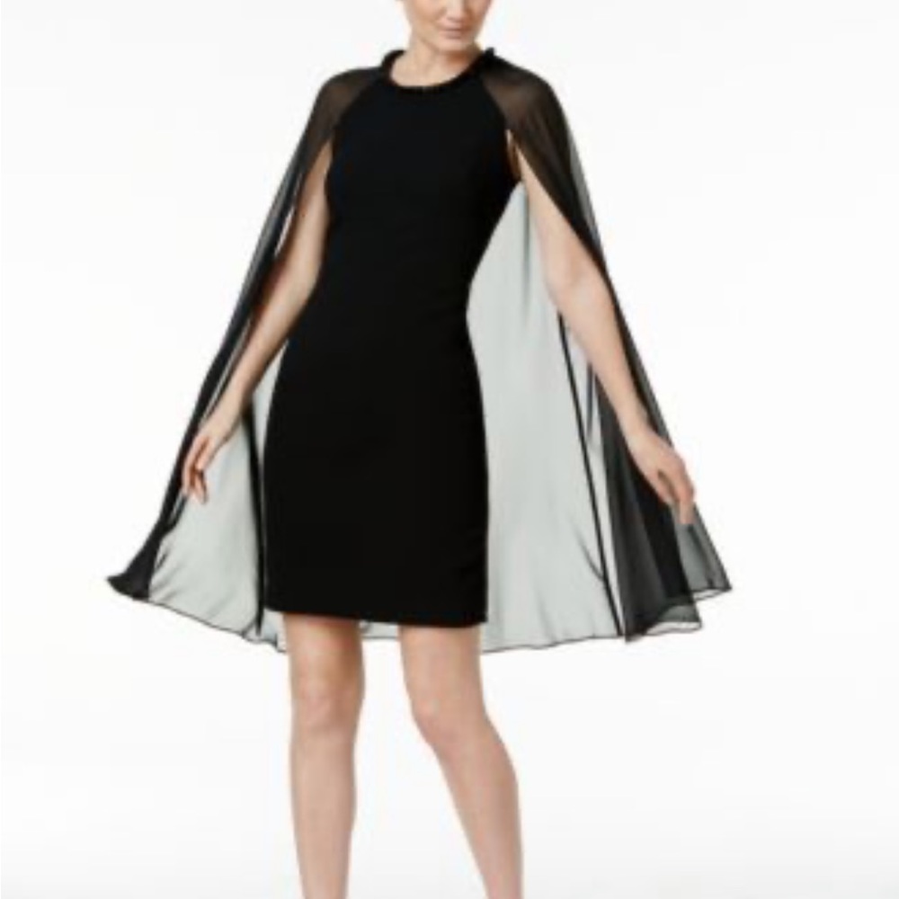 Calvin Klein Black Sheer Cape Sleeve Cocktail Dress
